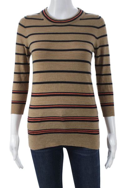 J Crew Womens Pullover Merino Wool Striped Crew Neck 3/4 Sleeve Beige Size XS
