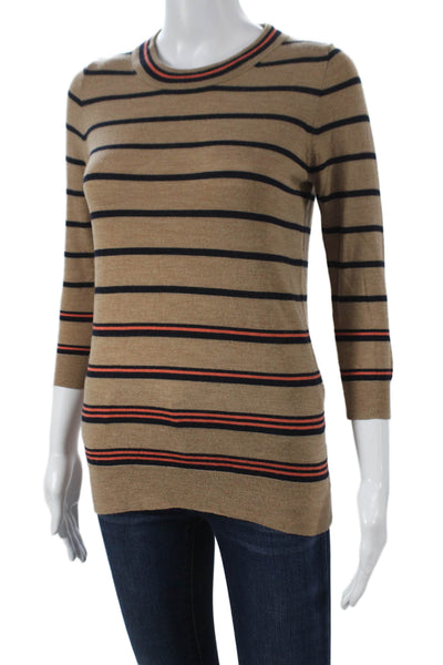 J Crew Womens Pullover Merino Wool Striped Crew Neck 3/4 Sleeve Beige Size XS