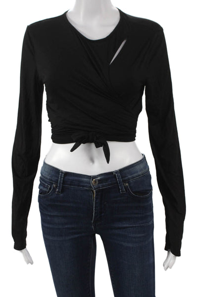 Michi Womens Cropped V-Neck Long Sleeve Casual Top Black Polyester Size M