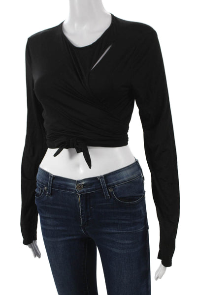 Michi Womens Cropped V-Neck Long Sleeve Casual Top Black Polyester Size M
