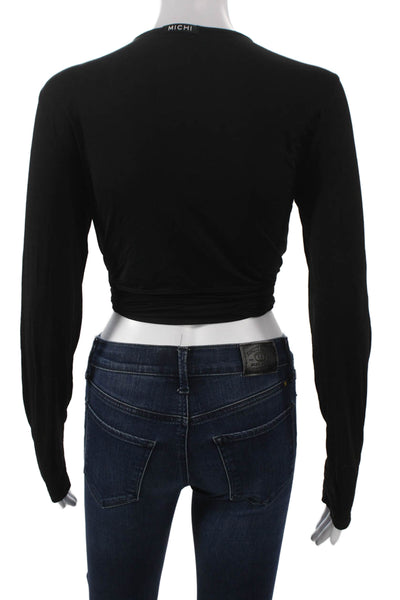 Michi Womens Cropped V-Neck Long Sleeve Casual Top Black Polyester Size M