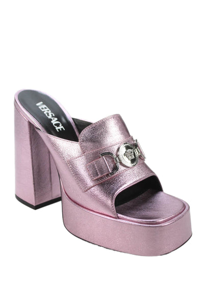 Versace Womens Medusa '95 Metallic Leather Platform Mule Sandals Pink Size 10