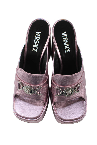 Versace Womens Medusa '95 Metallic Leather Platform Mule Sandals Pink Size 10