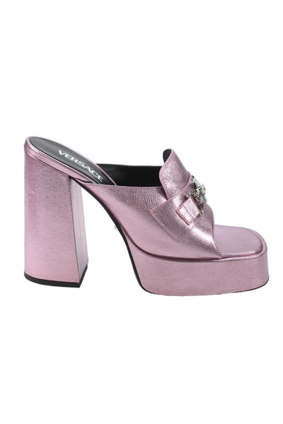 Versace Womens Medusa '95 Metallic Leather Platform Mule Sandals Pink Size 10