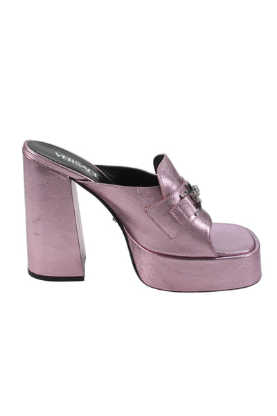 Versace Womens Medusa '95 Metallic Leather Platform Mule Sandals Pink Size 10