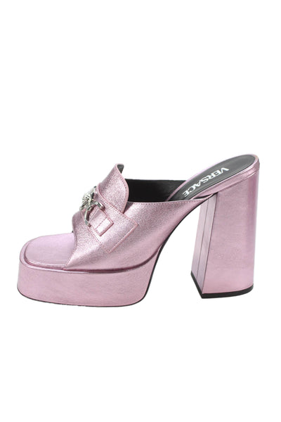 Versace Womens Medusa '95 Metallic Leather Platform Mule Sandals Pink Size 10