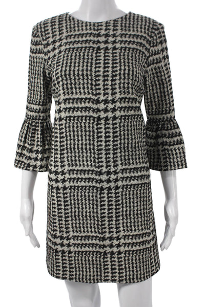 Zara Womens Shift Dress Houndstooth Crew Neck 3/4 Sleeve Short Black Size S