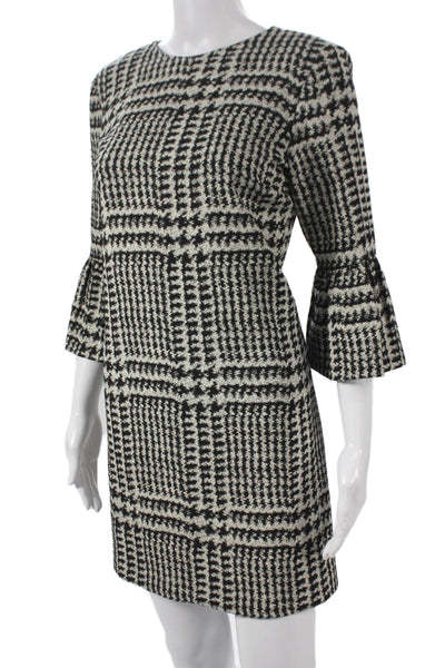 Zara Womens Shift Dress Houndstooth Crew Neck 3/4 Sleeve Short Black Size S