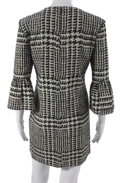 Zara Womens Shift Dress Houndstooth Crew Neck 3/4 Sleeve Short Black Size S