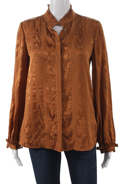 Kobi Halperin Women Silk Brown High Neck Button Long Sleeve Blouse Size XS