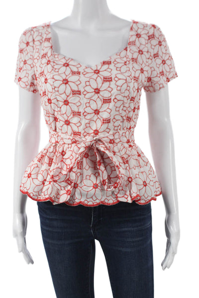 Mi Ami Women Blouse White Floral V Neck Cotton Short Sleeve Zip Size S