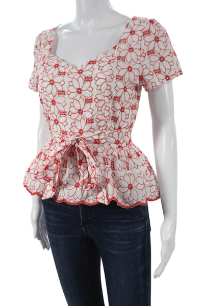 Mi Ami Women Blouse White Floral V Neck Cotton Short Sleeve Zip Size S