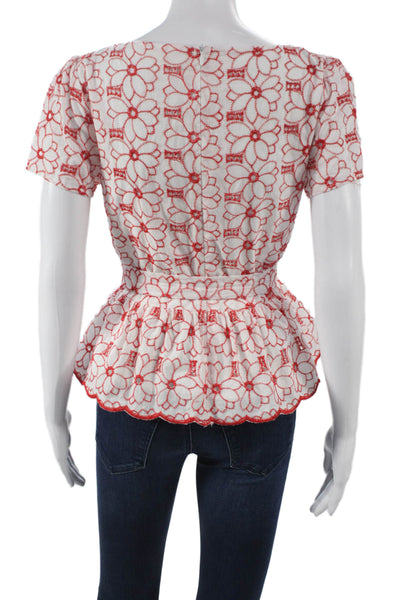 Mi Ami Women Blouse White Floral V Neck Cotton Short Sleeve Zip Size S