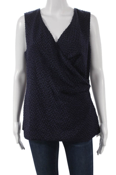 St. John Womens Designer Geometric V Neck Sleeveless Tunic Blouse Blue Size S