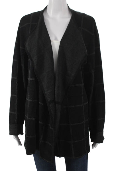 Eileen Fisher Women Black Linen Check V-Neck Cardigan Long Sleeve Size XL