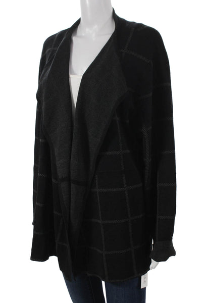 Eileen Fisher Women Black Linen Check V-Neck Cardigan Long Sleeve Size XL