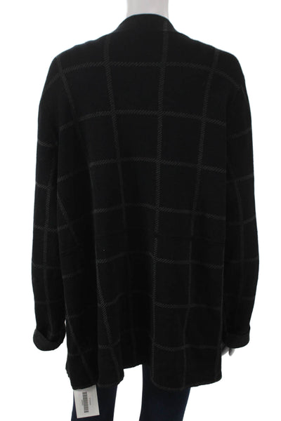 Eileen Fisher Women Black Linen Check V-Neck Cardigan Long Sleeve Size XL