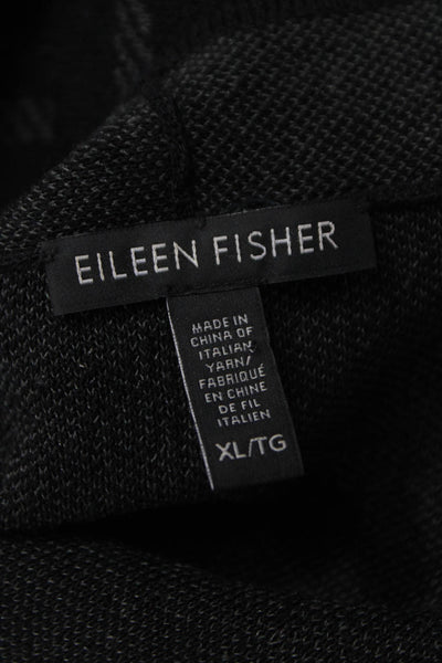 Eileen Fisher Women Black Linen Check V-Neck Cardigan Long Sleeve Size XL