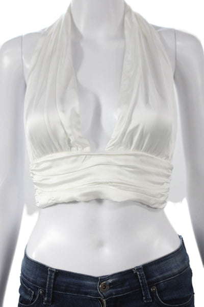 Zara Women Cropped Satin Halter Tank Sleeveless White Button Size M