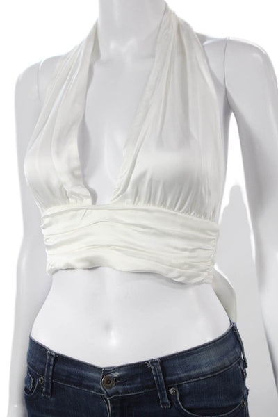 Zara Women Cropped Satin Halter Tank Sleeveless White Button Size M