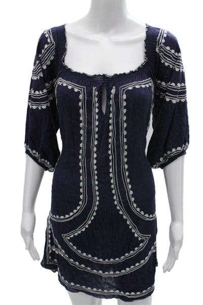 Poupette St. Barth Women Blue Viscose Shift Dress Square Neck 3/4 Sleeve Size S