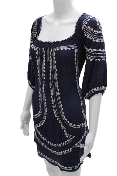 Poupette St. Barth Women Blue Viscose Shift Dress Square Neck 3/4 Sleeve Size S