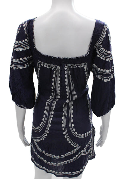 Poupette St. Barth Women Blue Viscose Shift Dress Square Neck 3/4 Sleeve Size S