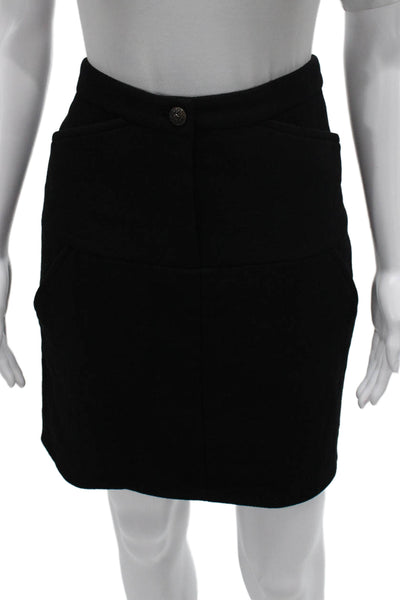 Chanel Womens Straight Pencil Wool Mini Skirt Black Button Size 40
