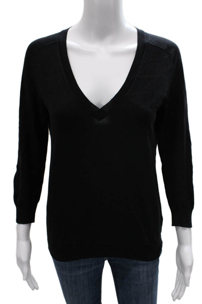 J Crew Women Pullover V Neck 3/4 Sleeve Cotton Sweater Black Size S