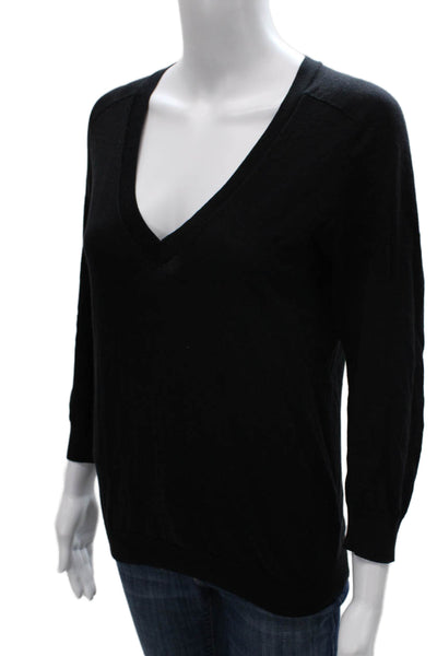 J Crew Women Pullover V Neck 3/4 Sleeve Cotton Sweater Black Size S