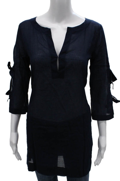 J Crew Women Tunic Blouse V-Neck 3/4 Sleeve Blue 100% Cotton Pullover Size XS