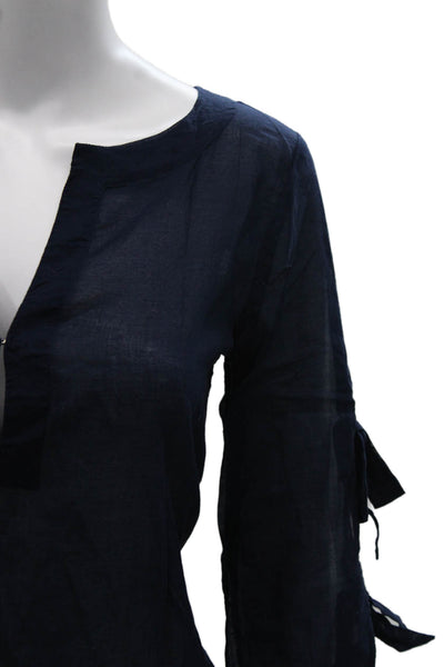 J Crew Women Tunic Blouse V-Neck 3/4 Sleeve Blue 100% Cotton Pullover Size XS