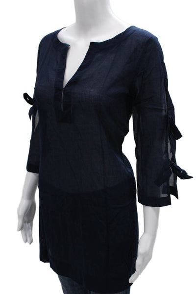 J Crew Women Tunic Blouse V-Neck 3/4 Sleeve Blue 100% Cotton Pullover Size XS