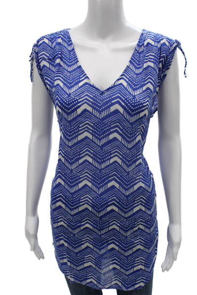 J Crew Womens Tunic V Neck Geometric Cotton Pullover Blue Short Sleeve Size 2XS
