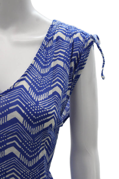 J Crew Womens Tunic V Neck Geometric Cotton Pullover Blue Short Sleeve Size 2XS