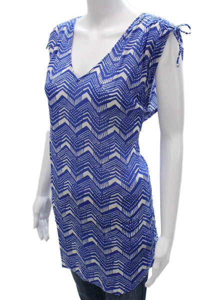 J Crew Womens Tunic V Neck Geometric Cotton Pullover Blue Short Sleeve Size 2XS