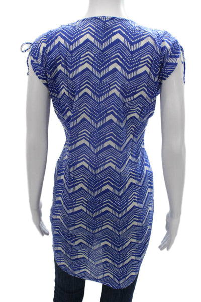 J Crew Womens Tunic V Neck Geometric Cotton Pullover Blue Short Sleeve Size 2XS