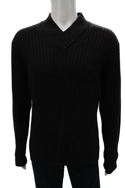 Elie Tahari Womens Pullover Sweater V-Neck Black Merino Wool Size L