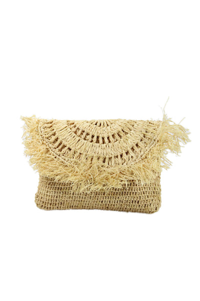 mar Y sol Womens Fringe Trim Woven Raffia Small Pouch Clutch Handbag Beige