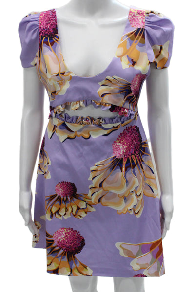 Kika Vargas Women Fit & Flare Purple Floral V Neck Short Sleeve Dress Size M