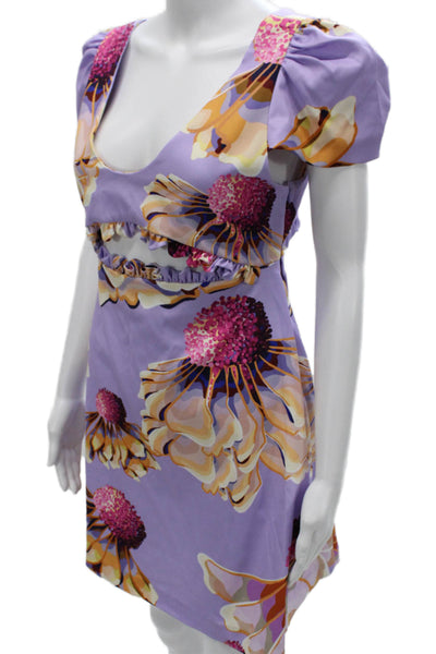 Kika Vargas Women Fit & Flare Purple Floral V Neck Short Sleeve Dress Size M