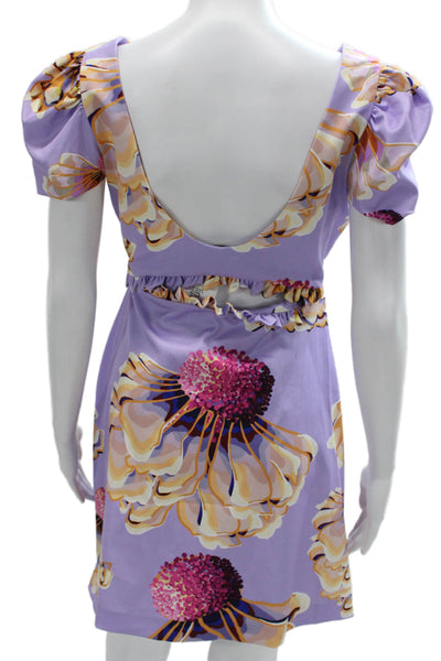 Kika Vargas Women Fit & Flare Purple Floral V Neck Short Sleeve Dress Size M