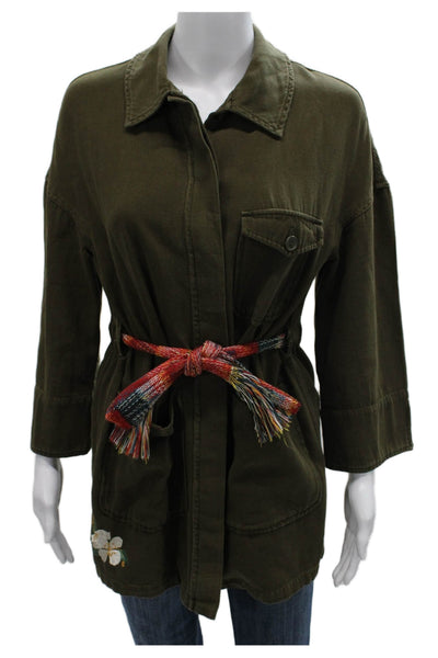 Zara Womens Military Jacket Green Floral Cotton 3/4 Sleeve Tie Size S