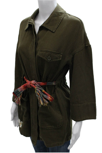 Zara Womens Military Jacket Green Floral Cotton 3/4 Sleeve Tie Size S