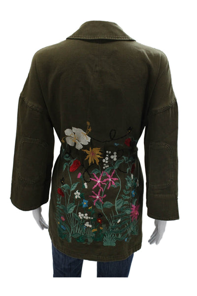 Zara Womens Military Jacket Green Floral Cotton 3/4 Sleeve Tie Size S