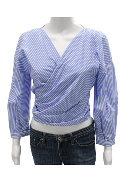 Zara Women Cropped Striped Cotton V-Neck Long Sleeve Blouse Tie Size S