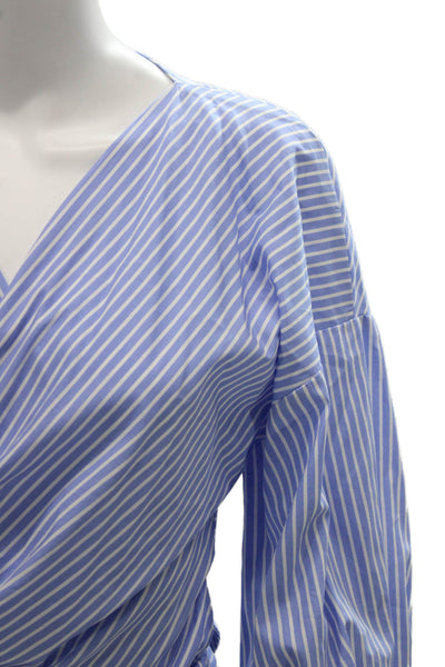 Zara Women Cropped Striped Cotton V-Neck Long Sleeve Blouse Tie Size S