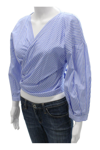 Zara Women Cropped Striped Cotton V-Neck Long Sleeve Blouse Tie Size S