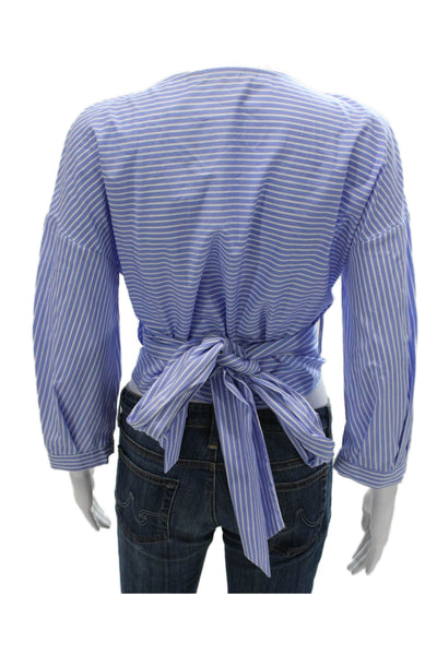 Zara Women Cropped Striped Cotton V-Neck Long Sleeve Blouse Tie Size S