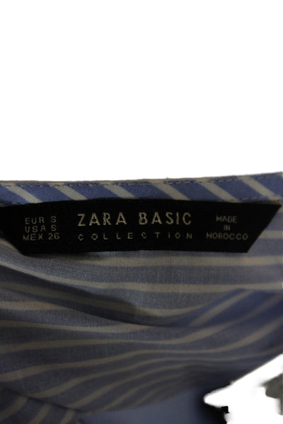 Zara Women Cropped Striped Cotton V-Neck Long Sleeve Blouse Tie Size S